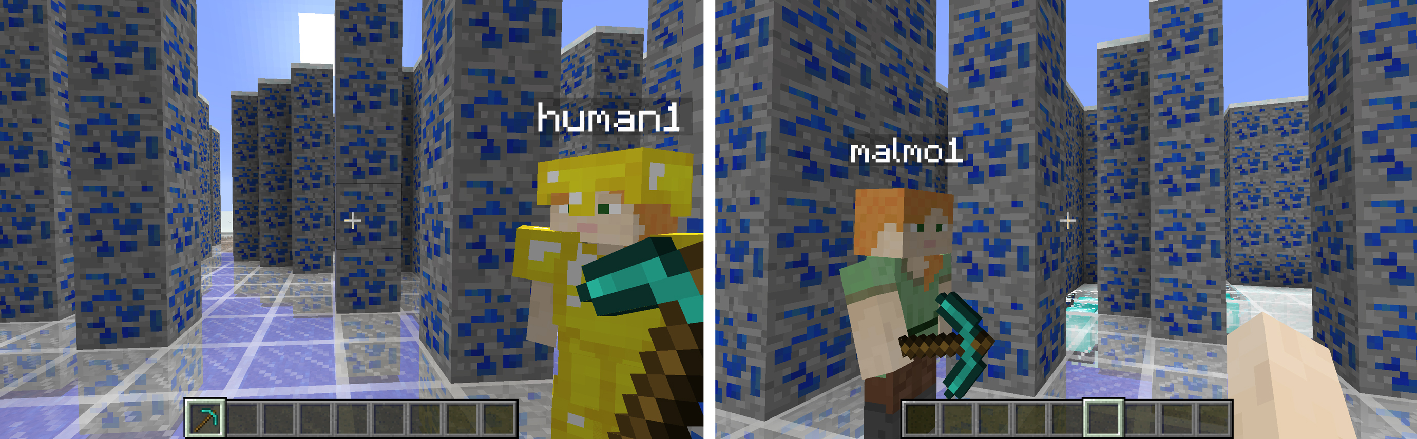 A character in Minecraft controlled by an algorithm and another operated by a person.