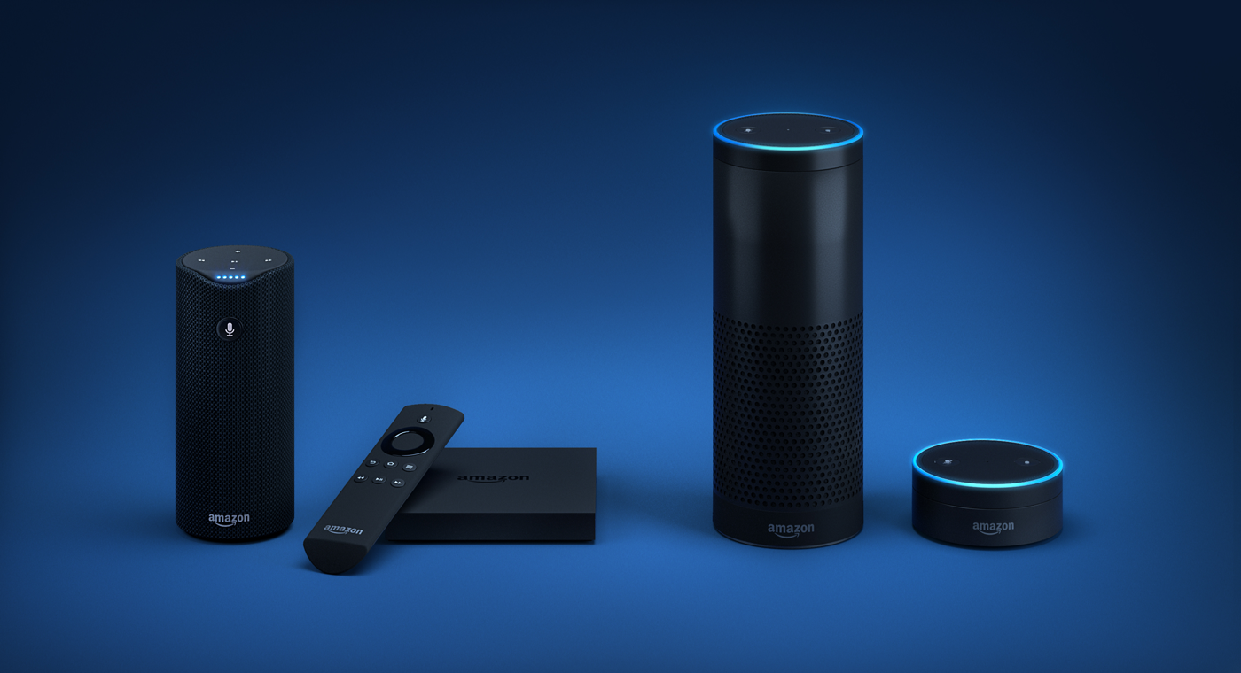 Amazon’s voice-activated assistant Alexa is built into (left to right) the Tap portable speaker, FireTV set-top box, Echo speaker, and Echo Dot speaker.