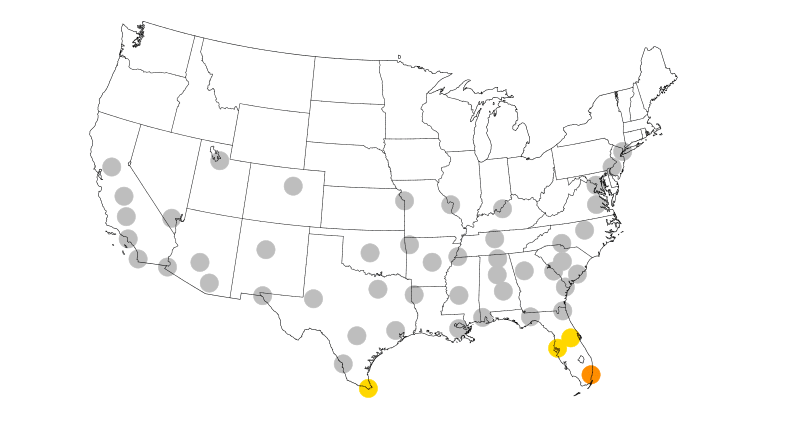 The risk of Zika transmission in 50 U.S. cities, throughout the year. Risk peaks during the warm summer months, as populations of Aedes aegypti mosquitoes increase.