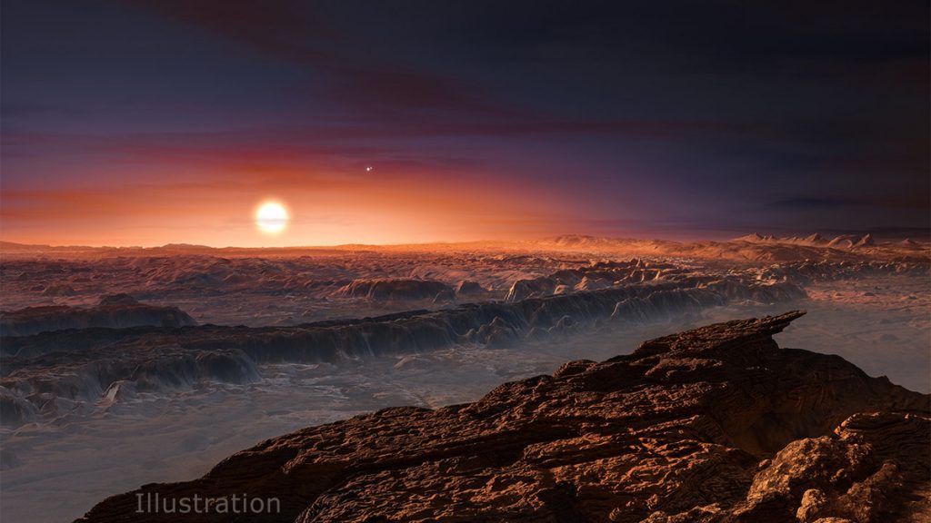 This artist’s impression shows a view of the surface of the planet Proxima b orbiting the red dwarf star Proxima Centauri, the closest star to the Solar System. The double star Alpha Centauri AB also appears in the image to the upper-right of Proxima itself. Proxima b is a little more massive than the Earth and orbits in the habitable zone around Proxima Centauri, where the temperature is suitable for liquid water to exist on its surface.