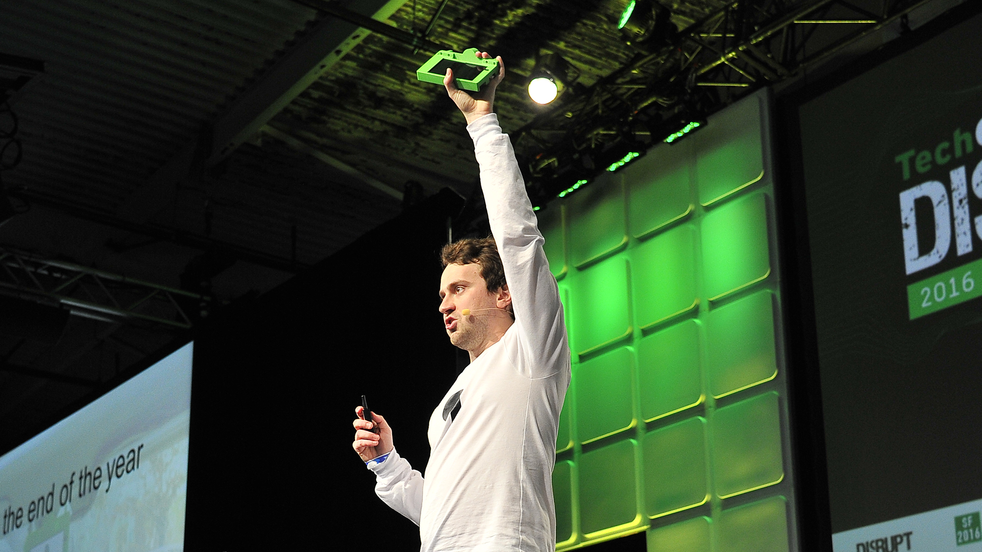 Comma.ai founder George Hotz shows off his autonomous car kit at a TechCrunch event earlier this year.