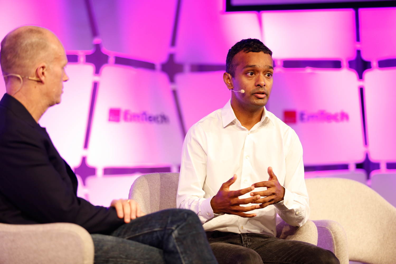 Shyam Gollakota, right, speaks with MIT Technology Review's Editor-in-Chief Jason Pontin.
