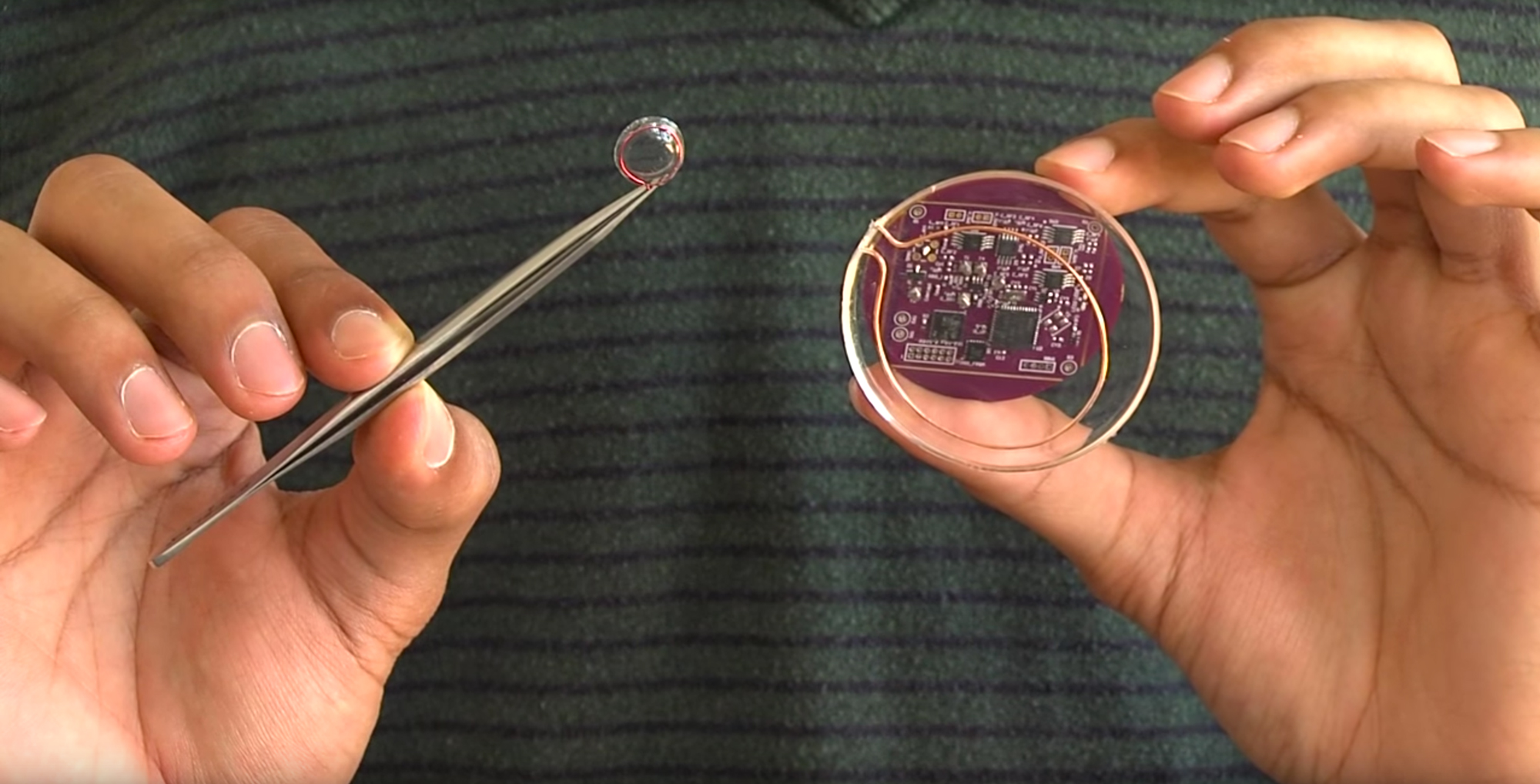 A prototype contact lens, left, and brain implant, right, can communicate over Wi-Fi despite lacking batteries.