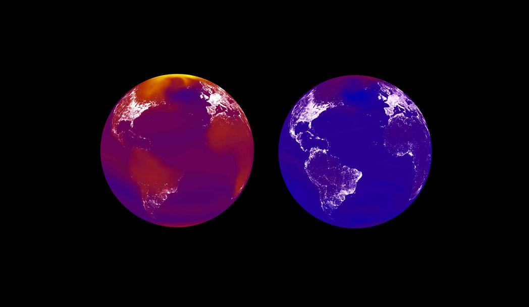 Simulations of two possible future worlds in 2100; the world if climate change is largely unabated (left) and with an aggressive climate policy (right). In the simulation, richer economies glow brighter.