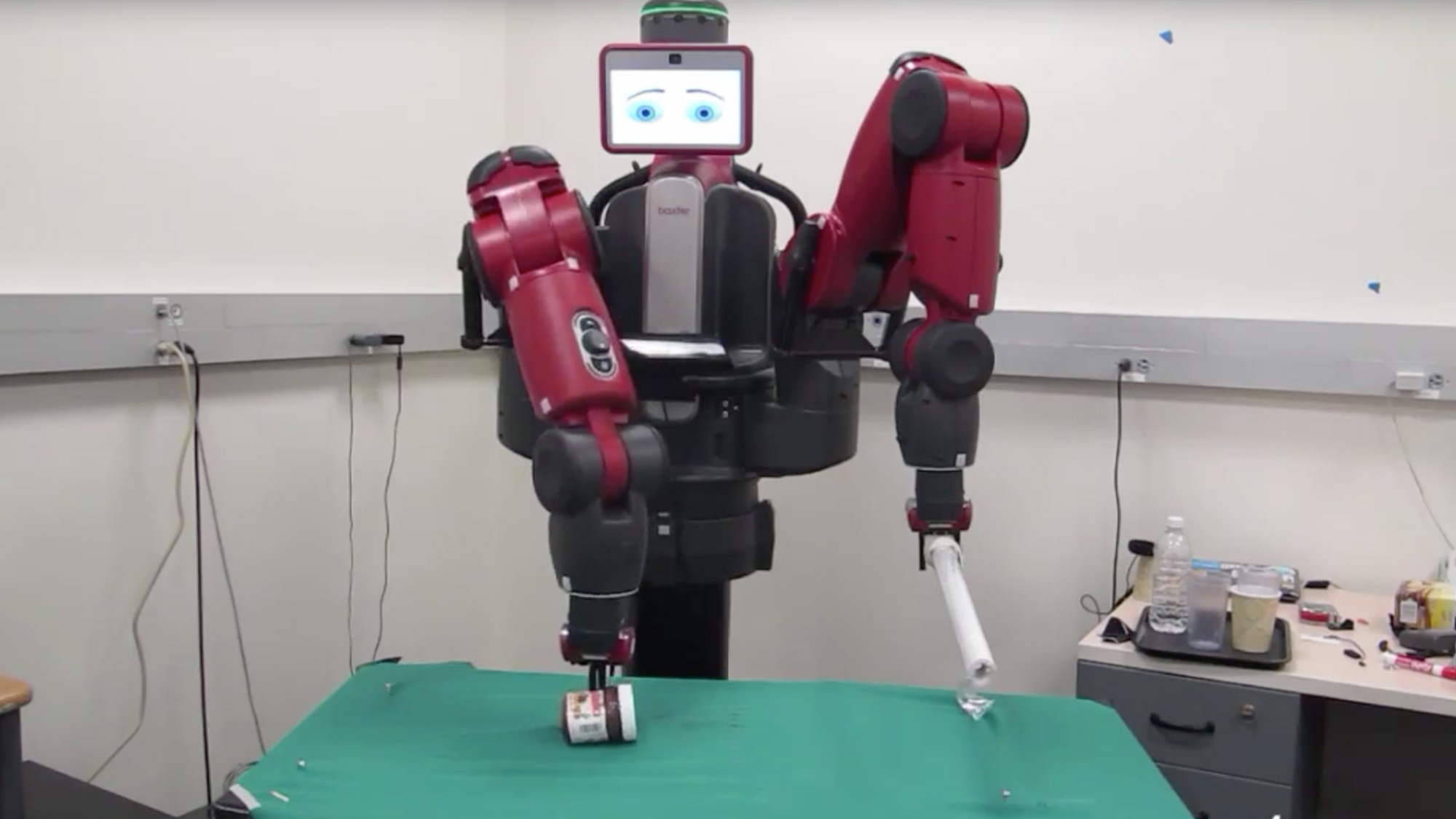 Researchers at UC Berkeley are working with a machine from Rethink Robotics to help AI gain an understanding of how objects in the real world can be manipulated.