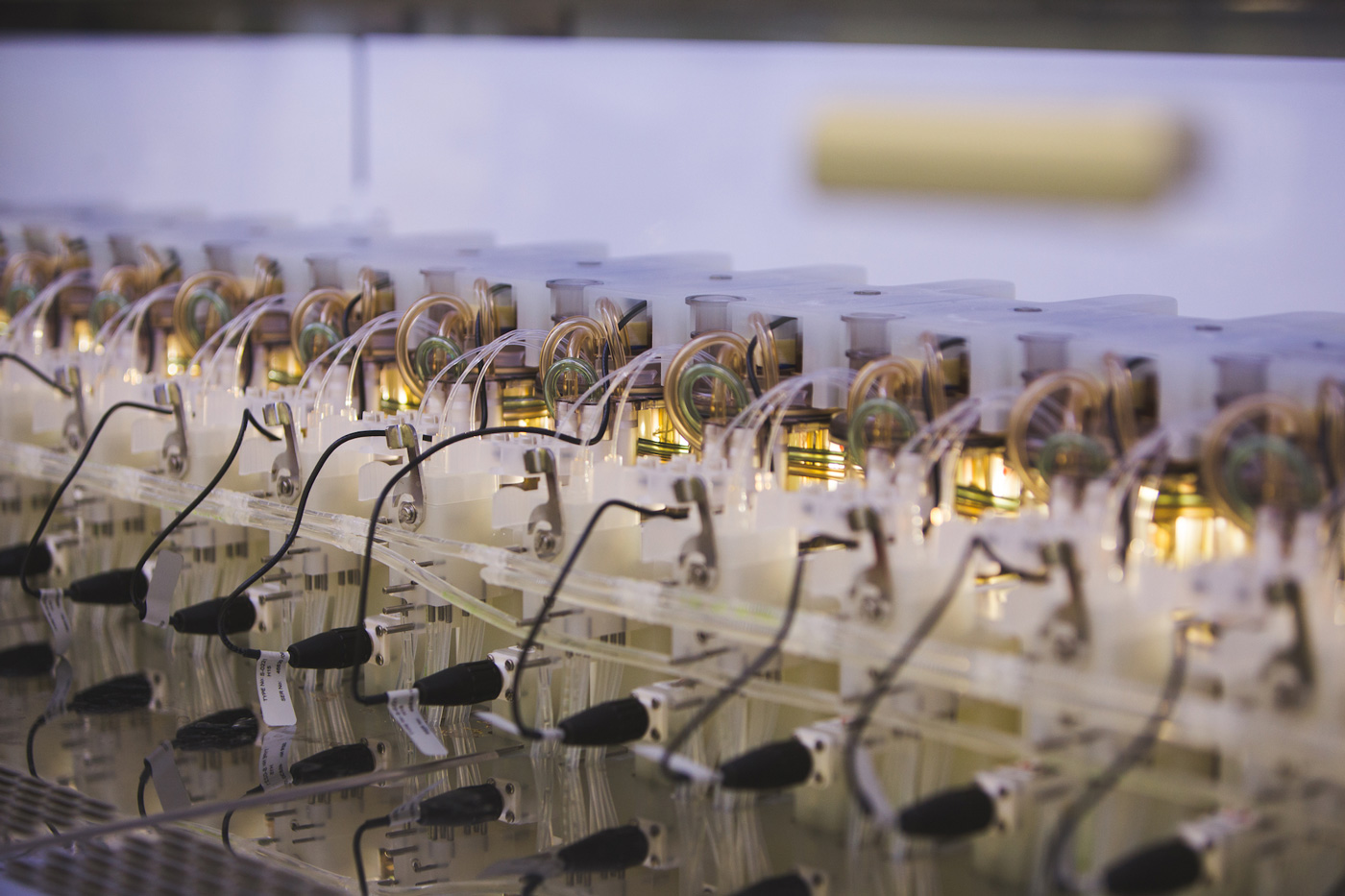 Close-up of equipment inside the DNA “brewery” of synthetic biology company Ginkgo Bioworks.