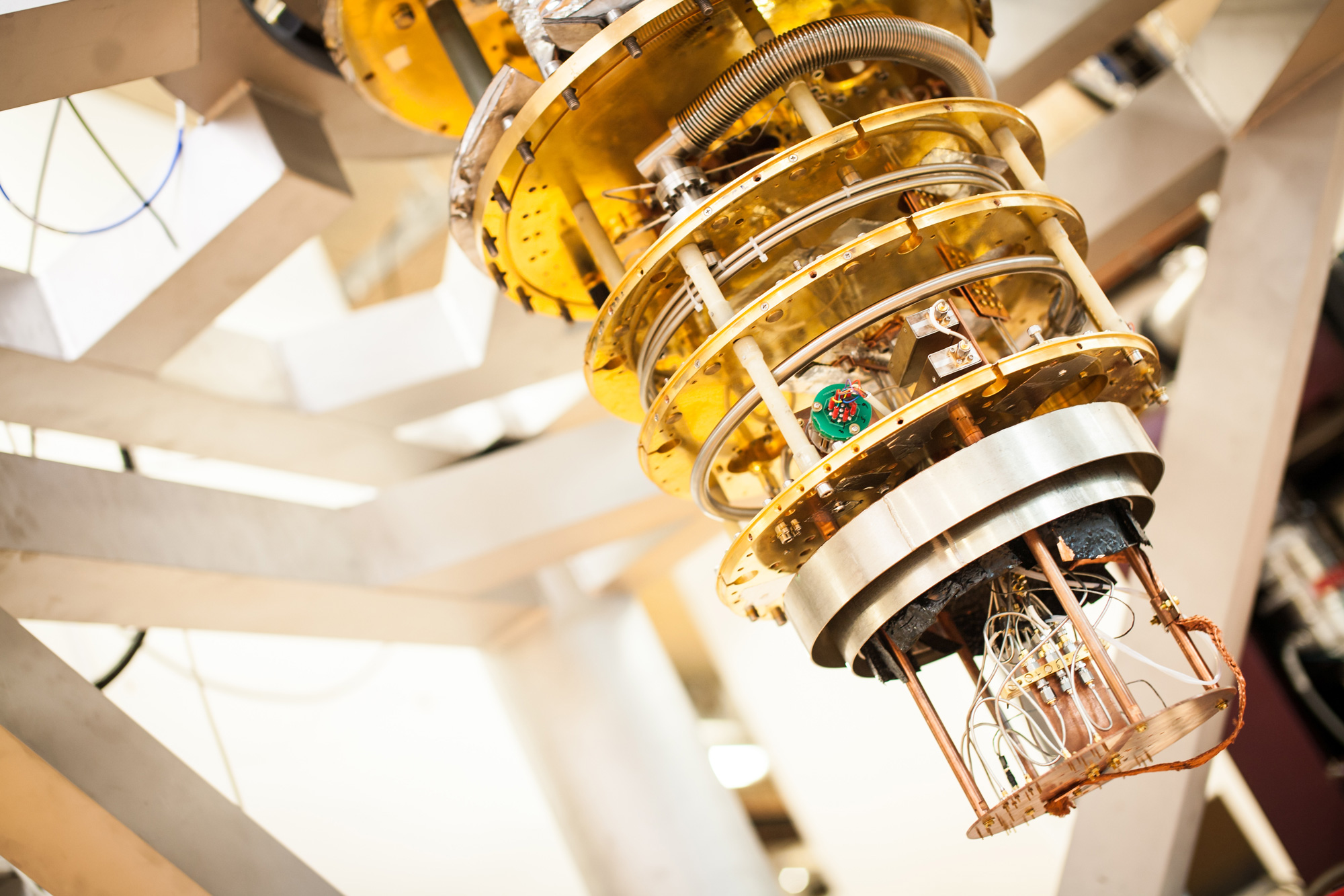 Researchers at TU Delft in the Netherlands use equipment like this to test quantum computing devices at supercool temperatures, in a collaboration with chip maker Intel.