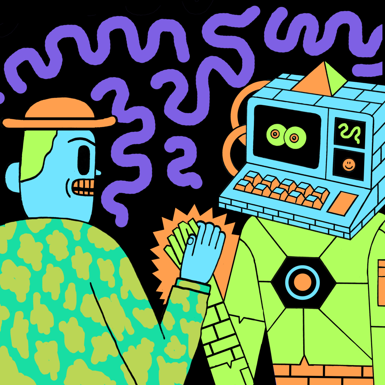 <b><a href="https://www.technologyreview.com/s/602278/ai-wants-to-be-your-bro-not-your-foe/">AI Wants to Be Your Bro, Not Your Foe. </a></b><br> Illustration by John Malta