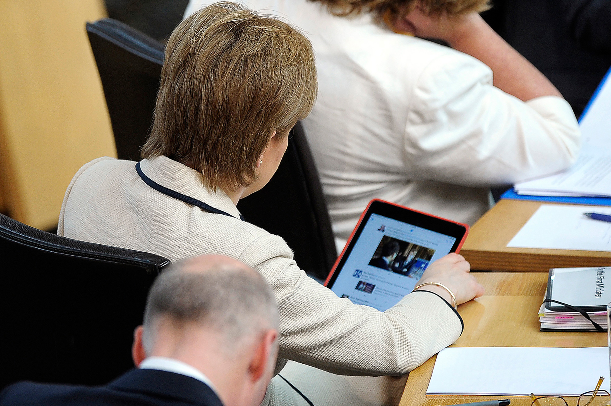 Nicola Sturgeon, the leader of the Scottish government, checks her Twitter feed during a June 28 parliamentary debate on the Brexit vote’s implications for Scotland.