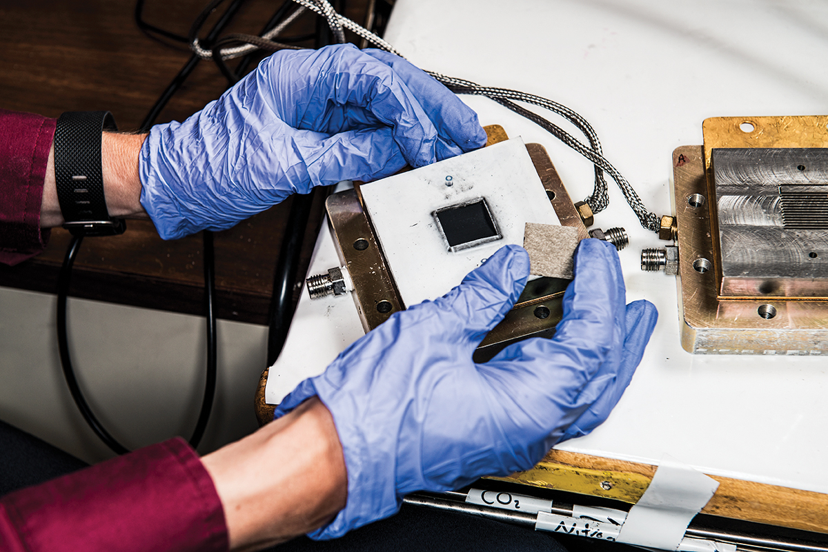 Kendra Kuhl’s reactor uses novel catalytic nanoparticles (black square in these two photos).