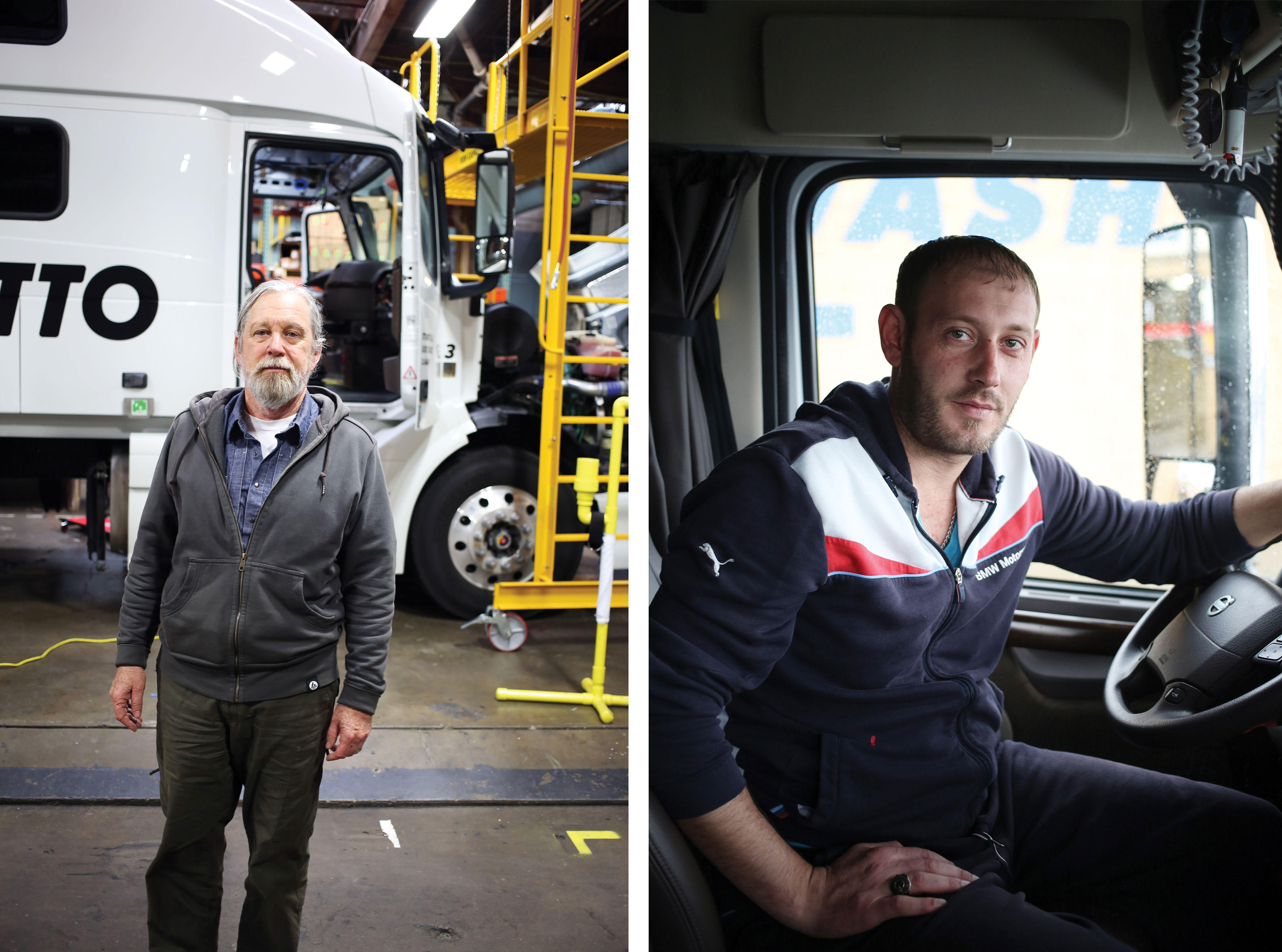 Greg Murphy, left,a longtime long-haul trucker, keeps an eye on things during tests of Otto trucks.<br><br>Roman Mugriyev, right, wonders how well self-driving trucks would handle dangerous situations.