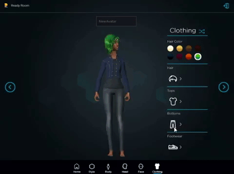 The desktop PC version of Morph 3D's Ready Room demo lets you pick out different kinds of clothes and hair for your avatar.