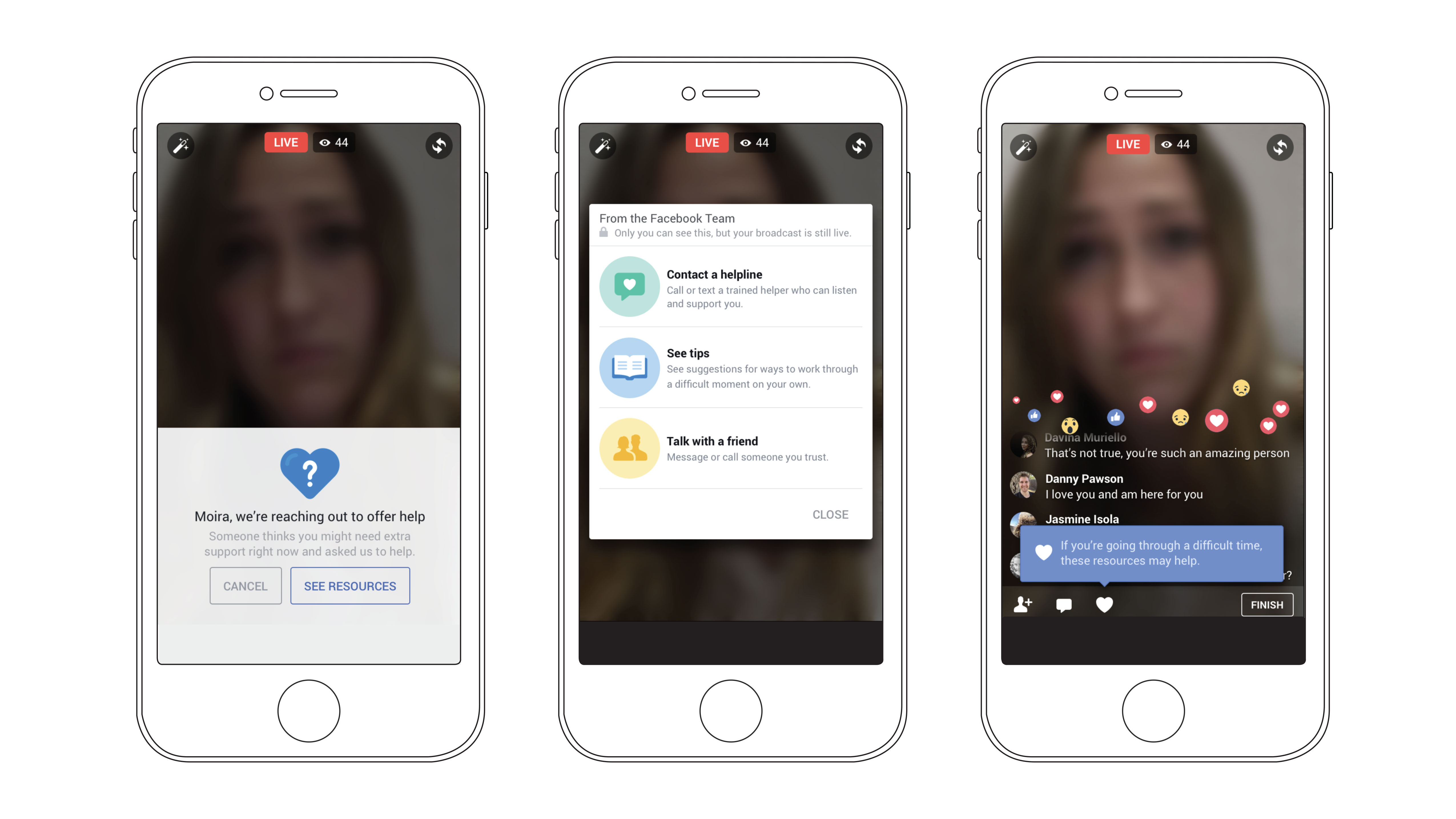 Facebook Live will offer help if a viewer reports that a broadcaster seems to show suicidal or self-harming behavior.