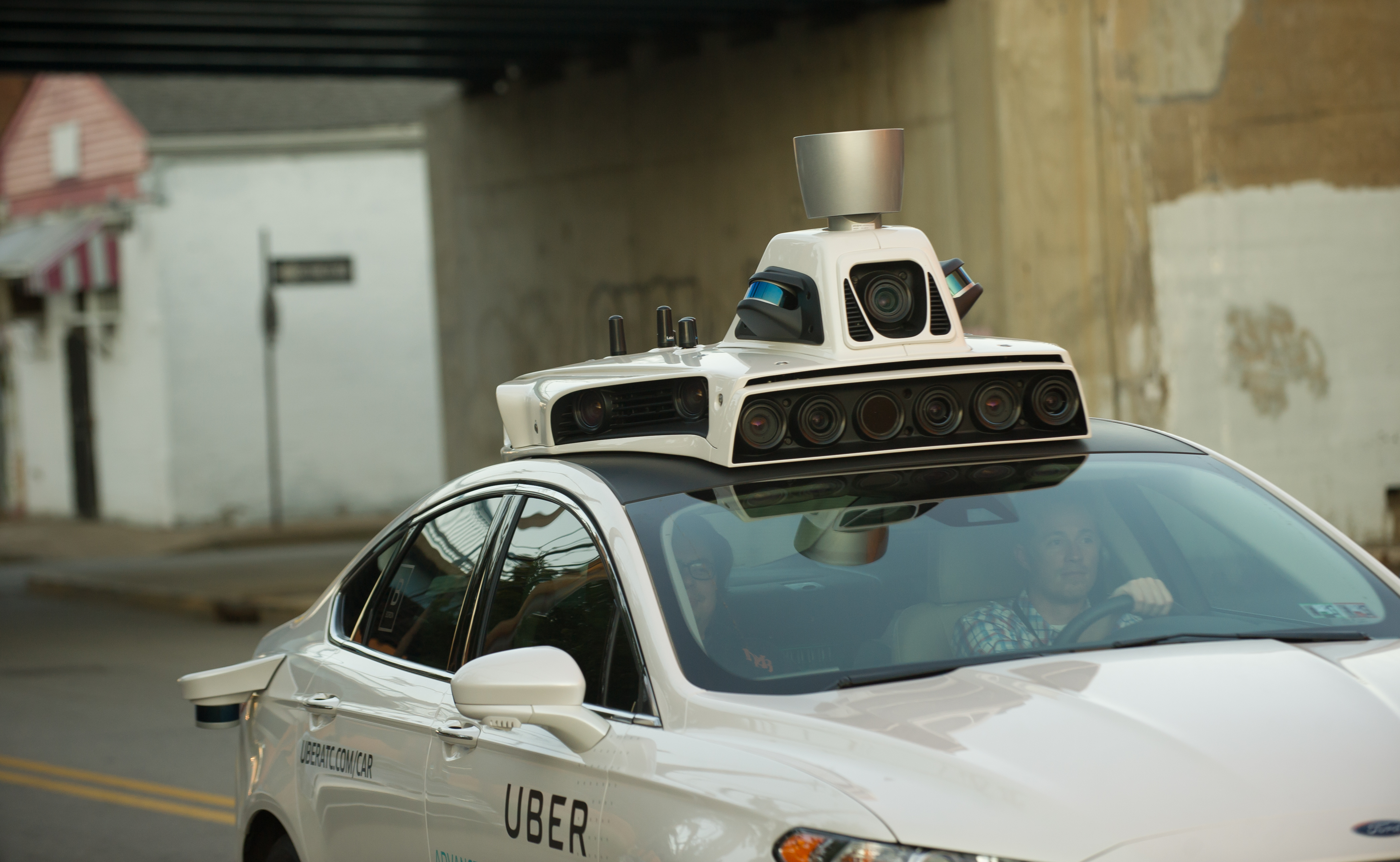 One of Uber's autonomous Ford Fusion cars in Pittsburgh, Pennsylvania. With a driver.