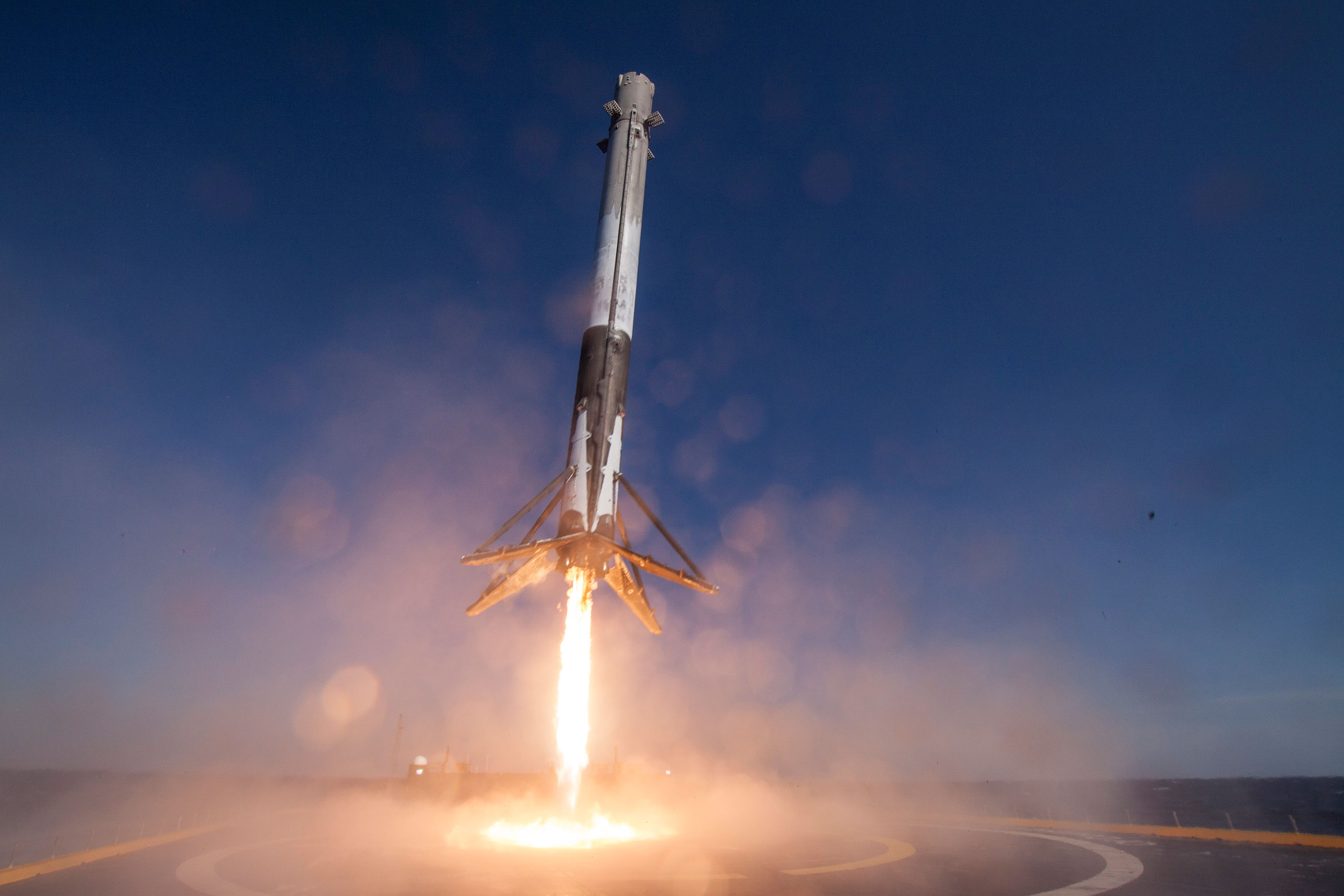 A SpaceX Falcon 9 rocket makes a successful landing here on Earth.