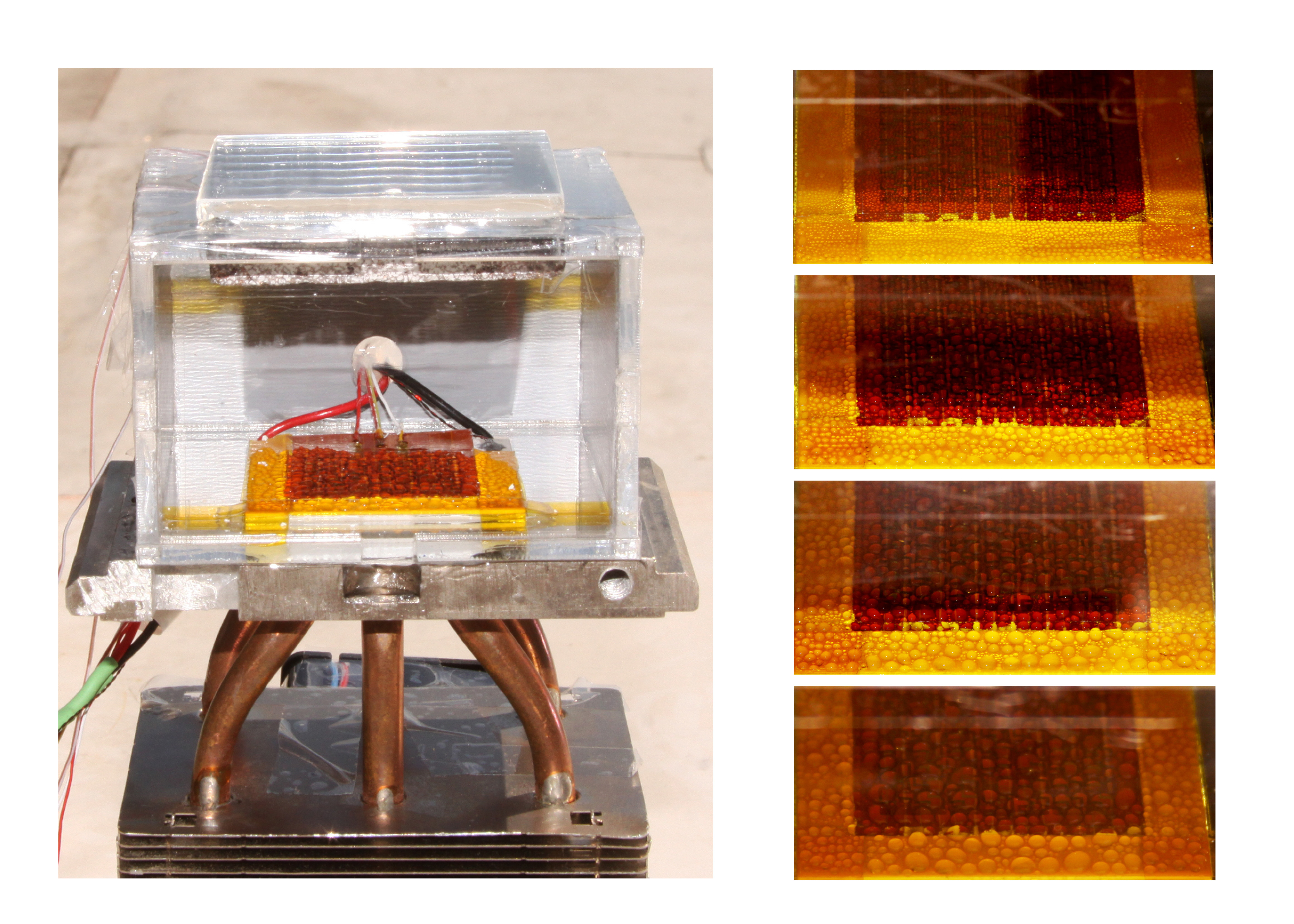 Images of the device’s condenser over time (on the right, running from top to bottom) show a steady increase in water droplets through the day.