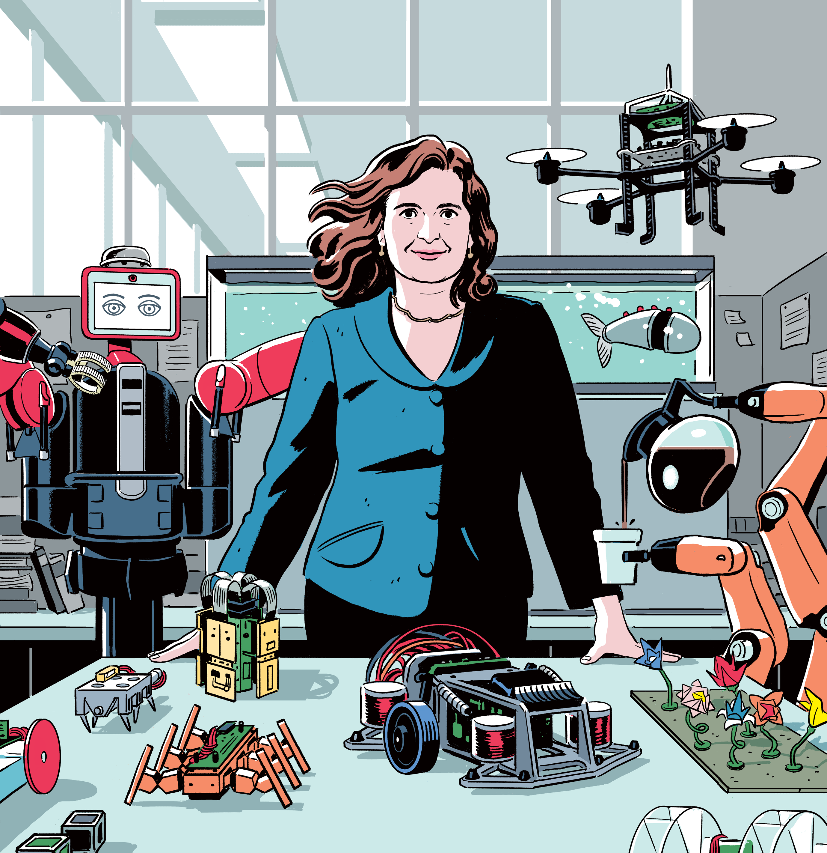 <b><a href=“https://www.technologyreview.com/mit-news/2017/11/“>Daniela Rus: Building Tomorrow's Robots</a></b> <br> Illustration by R. Kikuo Johnson