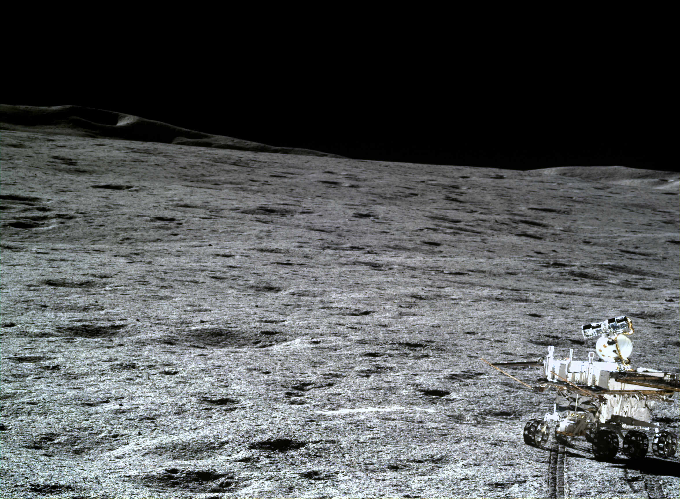 A view of the lunar landscape and the Yutu-2 rover, taken by the Chang'e 4 lander.