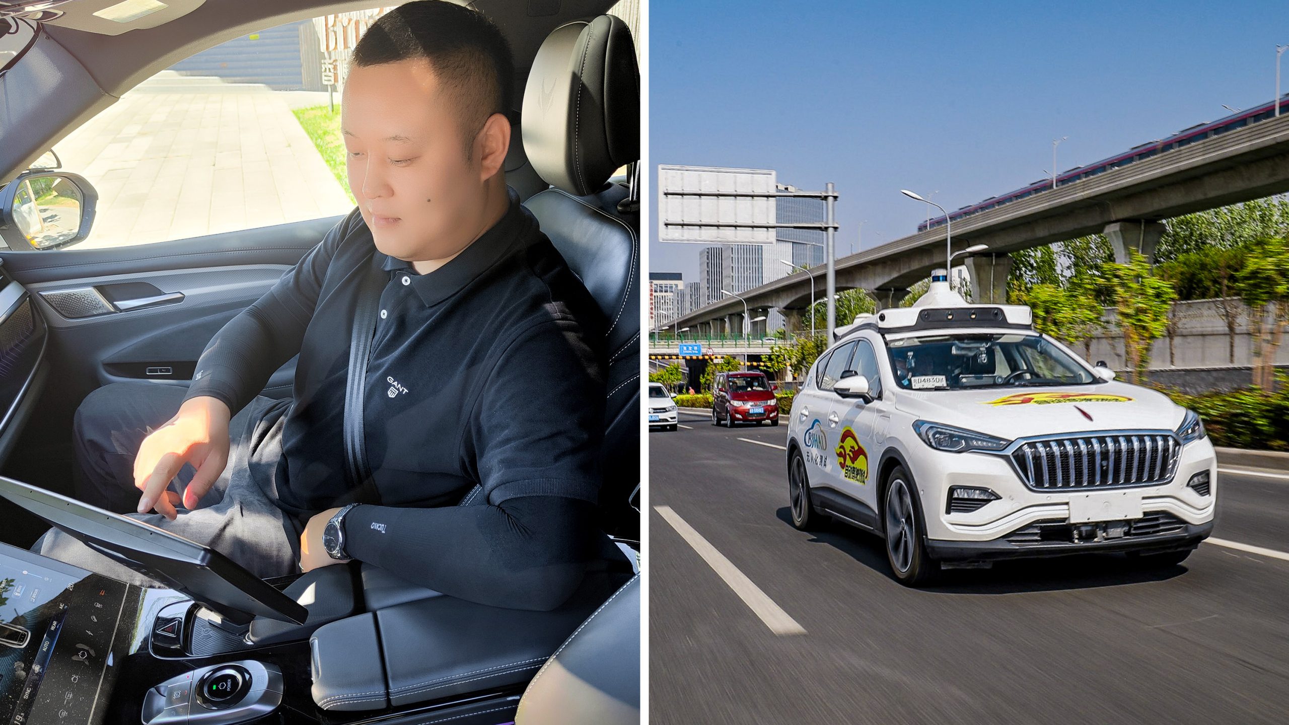baidu worker (left) and autonomous vehicle driving on highway (right)