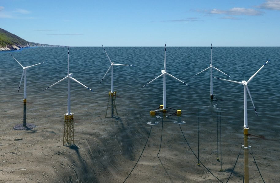 Illustration of six offshore wind turbines. Three on the left are in shallow water with shafts resting on the ocean floor. Three on the right are in deeper water, floating but tethered to the ocean floor.