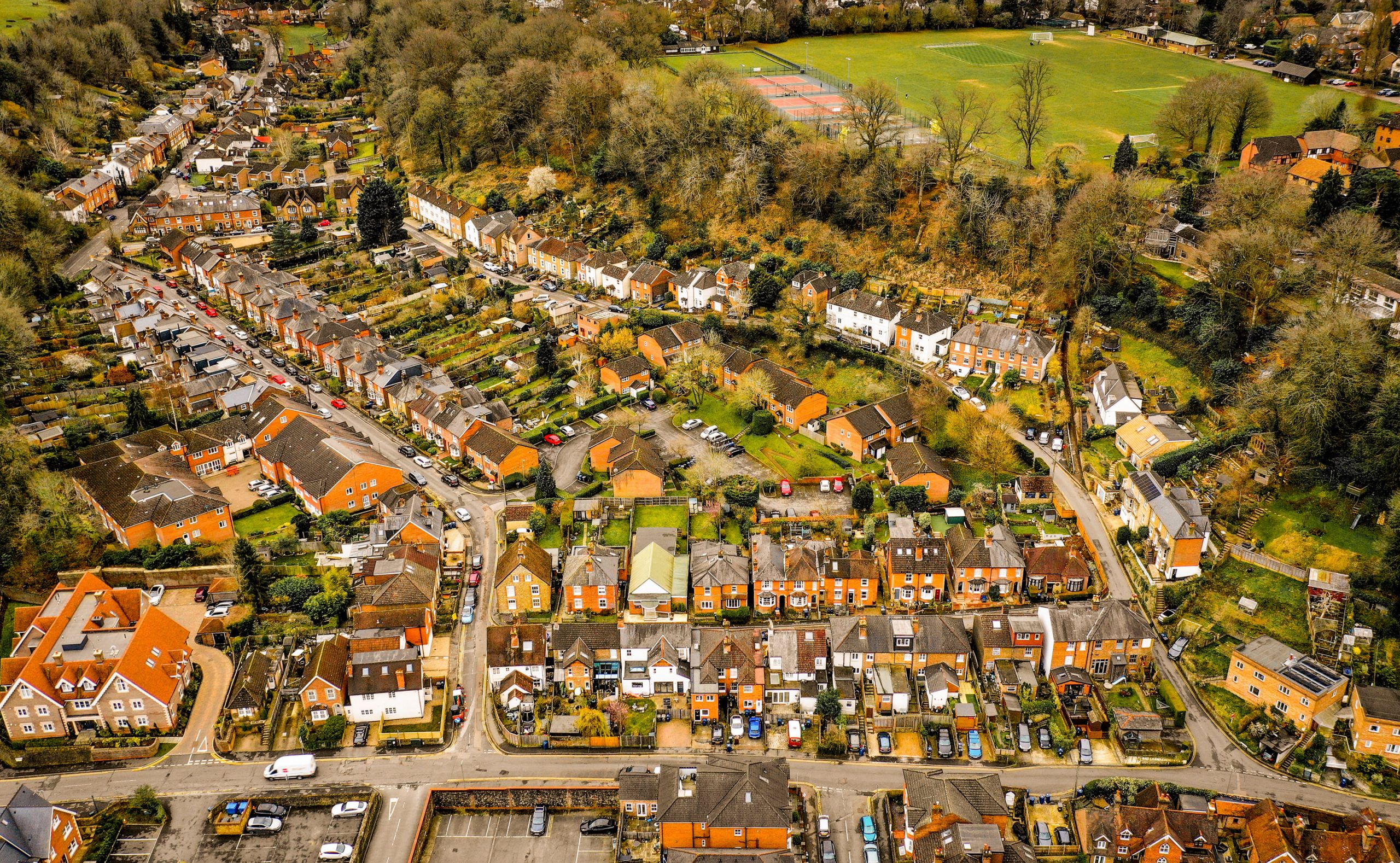 aerial view of neighborhood and park space in Godalming