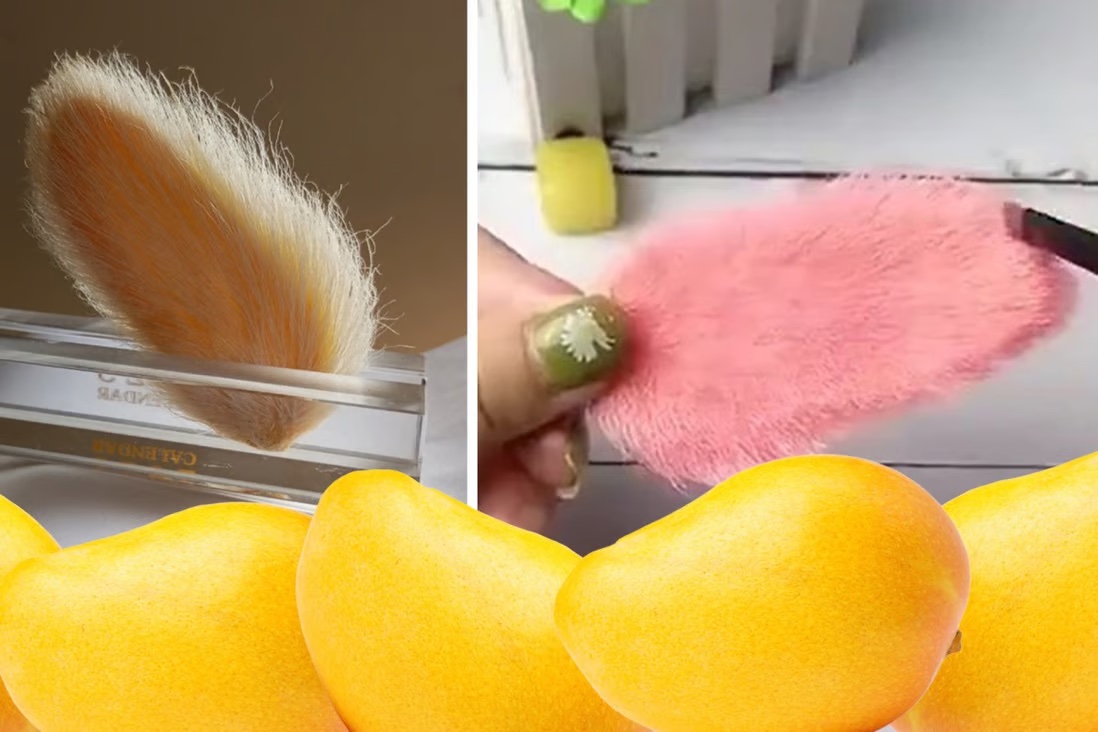 Two photos of mango pit pets, one in yellow and one in pink.