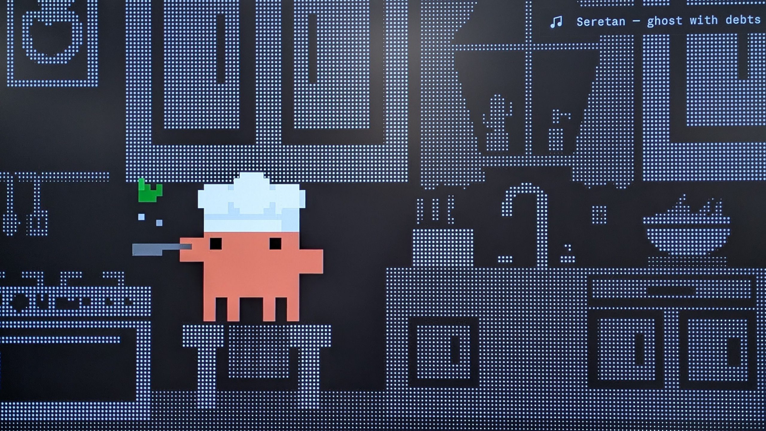 An 8-bit character with a chef's hat in a pixel kitchen flips food in a fry pan over a pixel stove