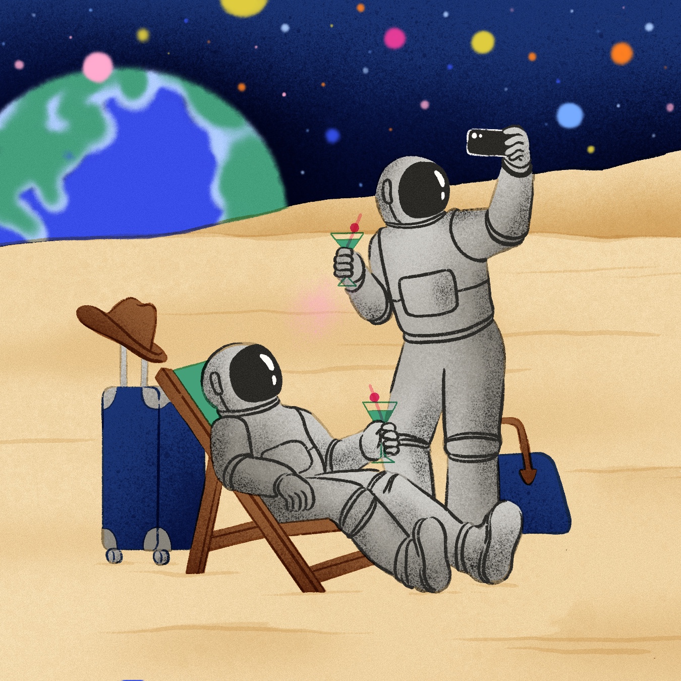 astronauts on moon with their suitcases and cocktails. One is in a lounge chair and the other takes a selfie with the Earth in the background.